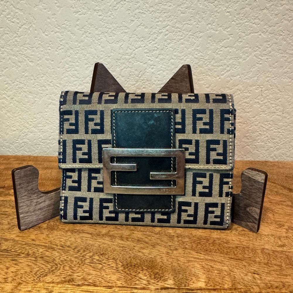 Fendi Navy and Beige FF Logo Mini Wallet with Silver Buckle